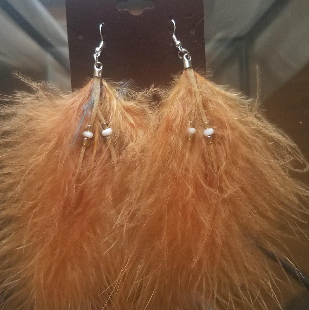 Bohemian style feather dangle earrings with Beads
